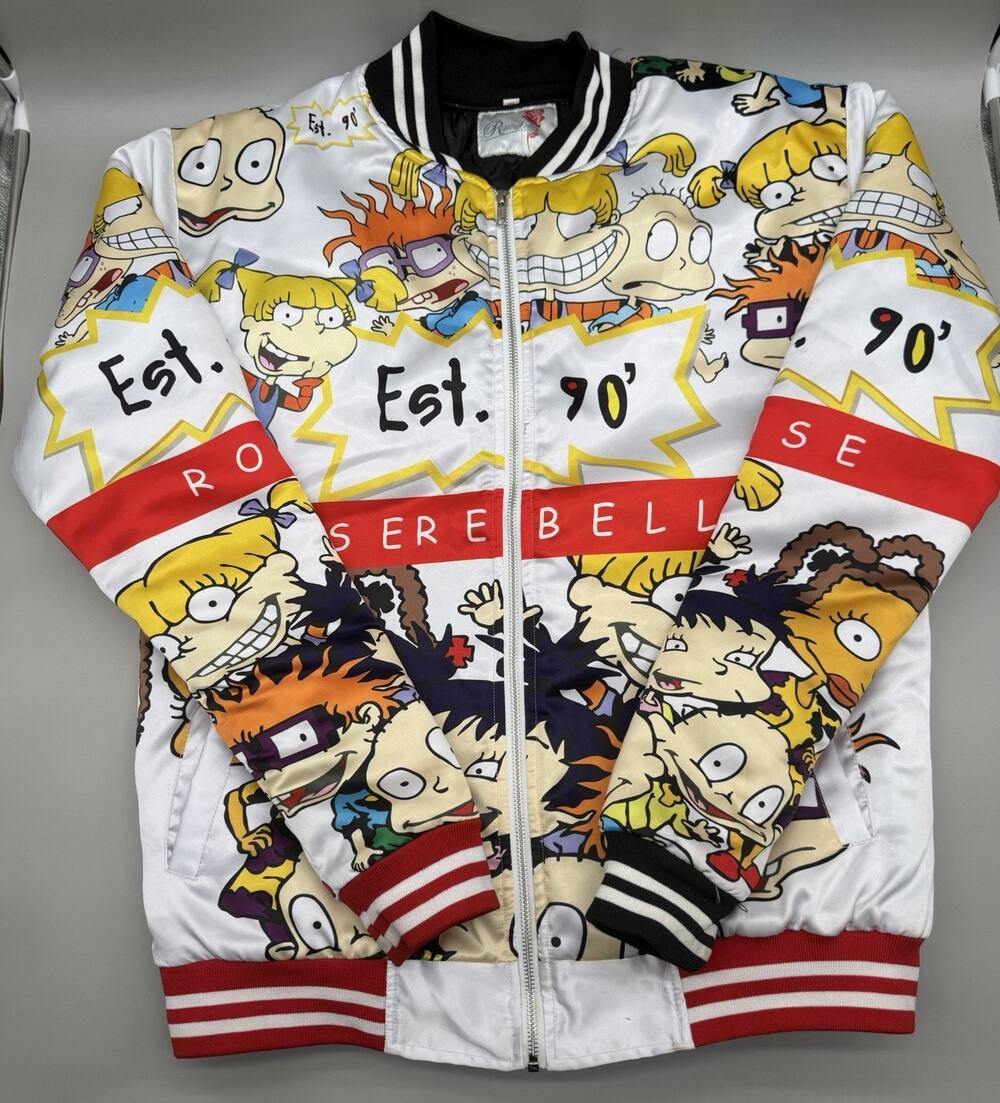 Rosebelles Men's XL Bomber Jacket Full Zip Graphic Cartoon Print White